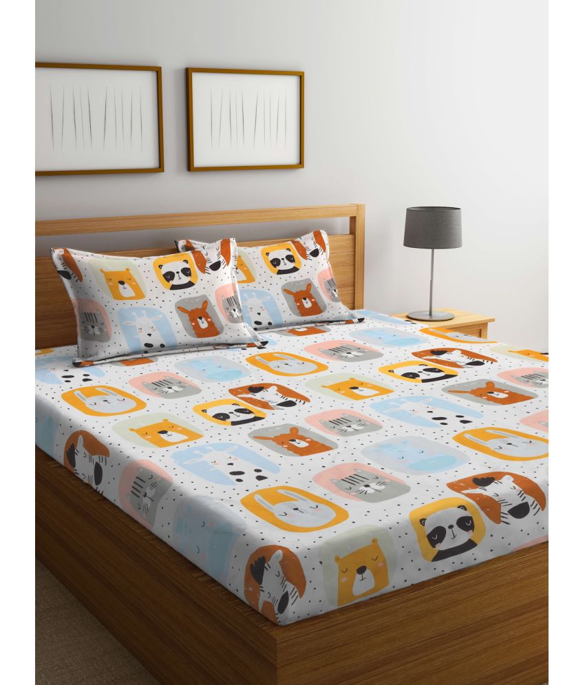     			FABINALIV Poly Cotton Animal 1 Double Bedsheet with 2 Pillow Covers - Off White