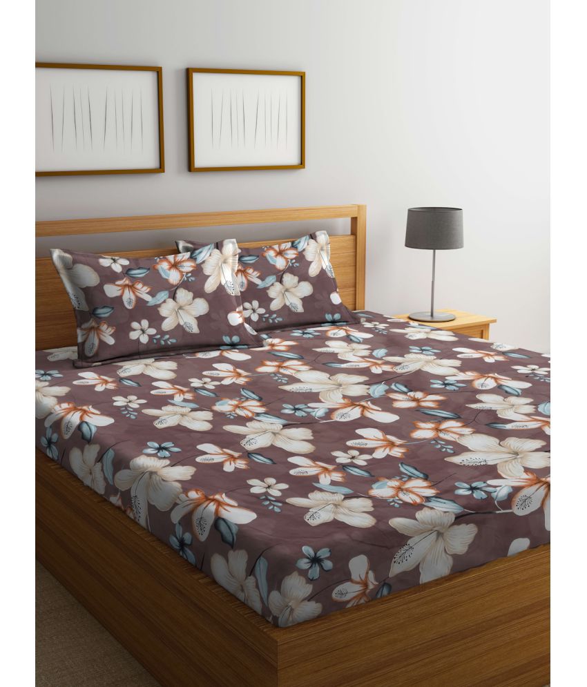     			FABINALIV Poly Cotton Floral 1 Double Bedsheet with 2 Pillow Covers - Brown