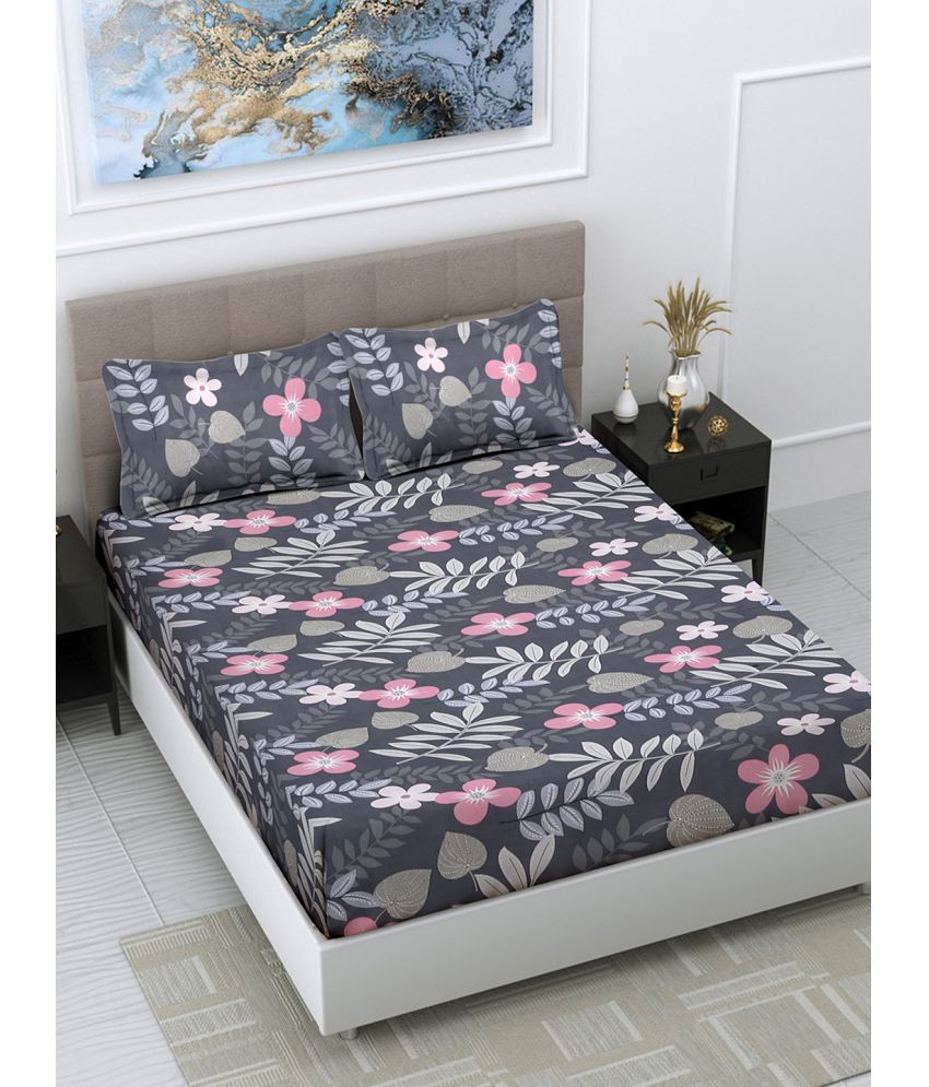     			FABINALIV Poly Cotton Floral 1 Double Bedsheet with 2 Pillow Covers - Gray
