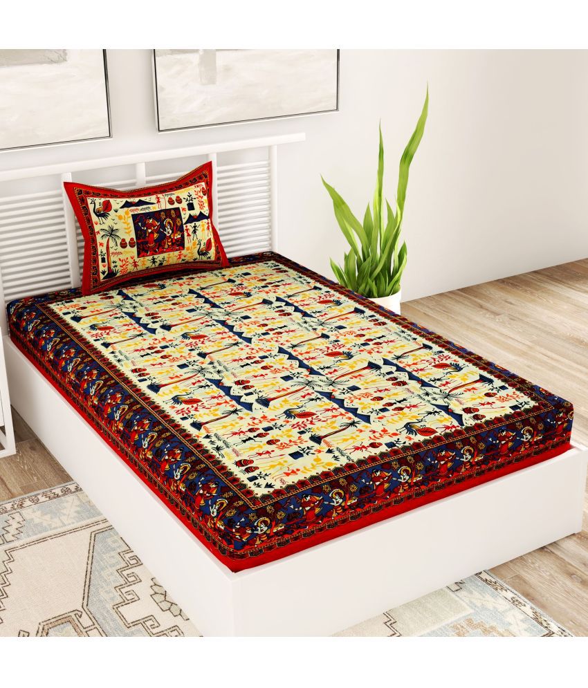     			HOMETALES Cotton Floral 1 Single Bedsheet with 1 Pillow Cover - Red