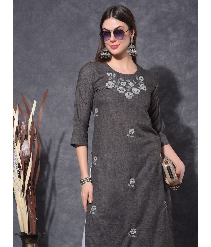     			Mamoose Cotton Embroidered Straight Women's Kurti - Grey ( Pack of 1 )