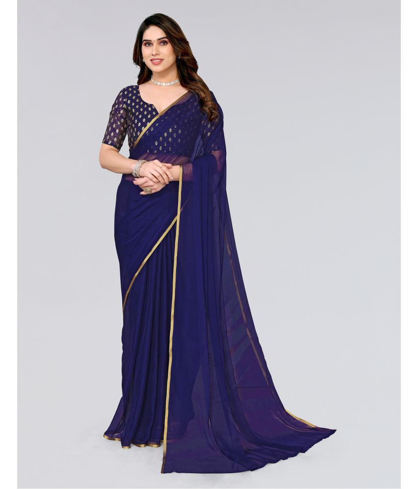    			Samah Chiffon Dyed Saree With Blouse Piece - Navy Blue ( Pack of 1 )