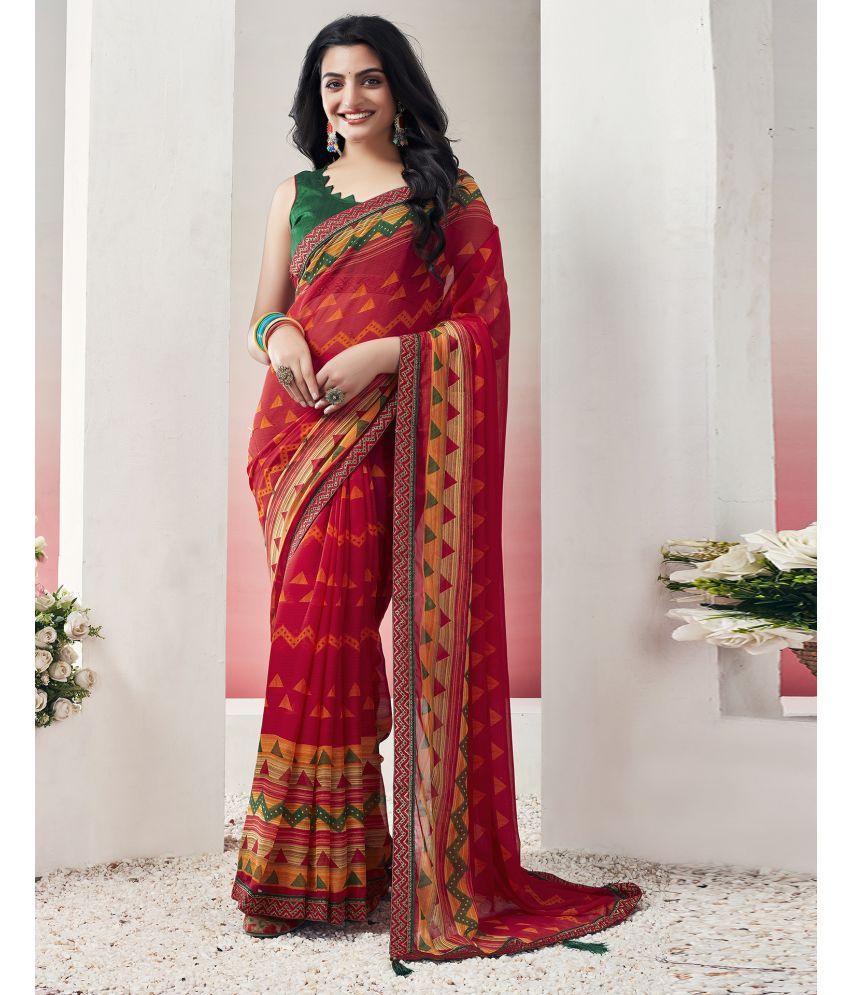     			Samah Chiffon Printed Saree With Blouse Piece - Red ( Pack of 1 )