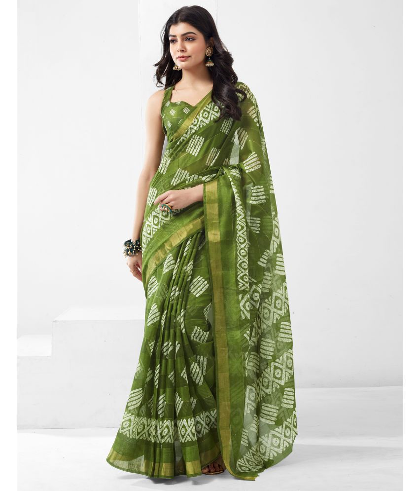     			Samah Cotton Blend Printed Saree With Blouse Piece - Light Green ( Pack of 1 )