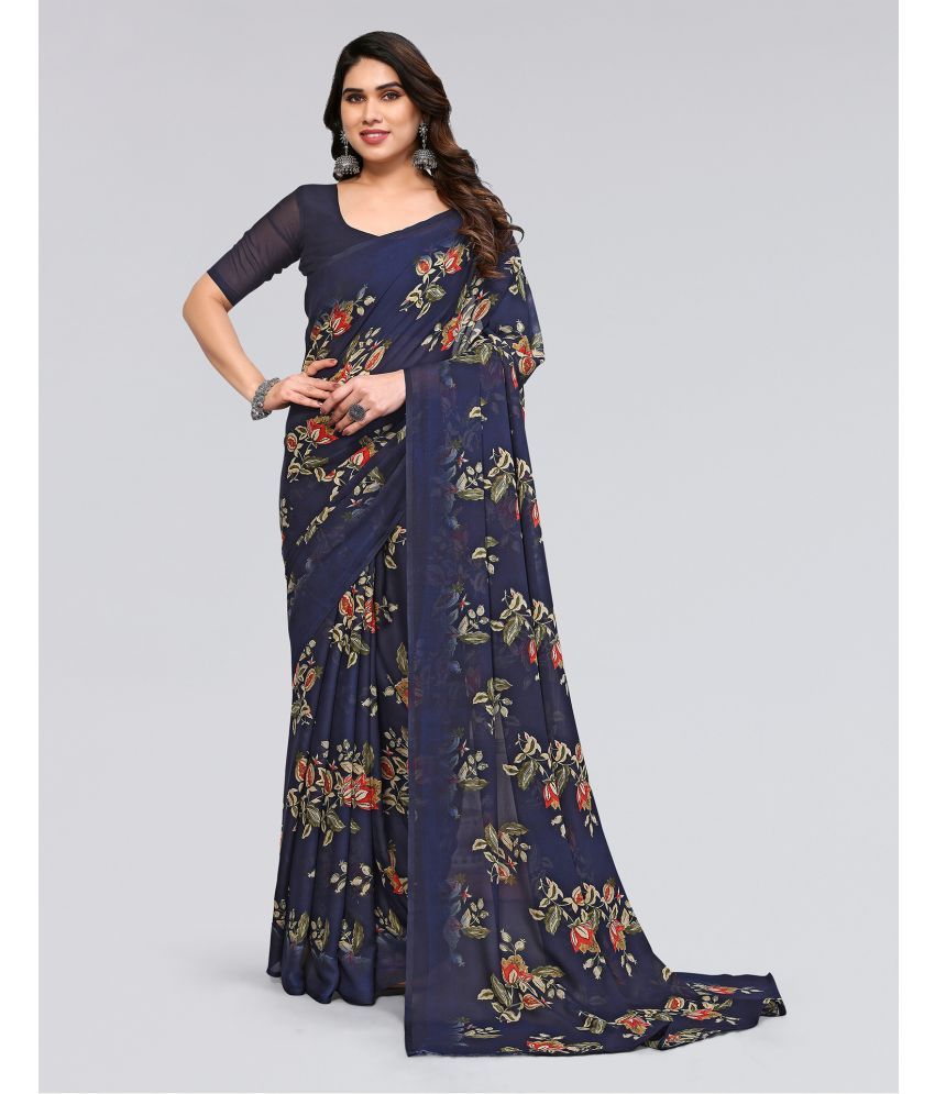     			Samah Georgette Printed Saree With Blouse Piece - Navy Blue ( Pack of 1 )