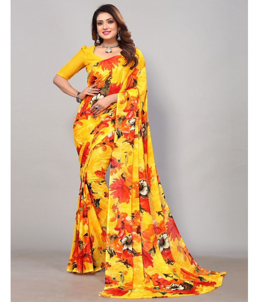     			Samah Georgette Printed Saree With Blouse Piece - Yellow ( Pack of 1 )