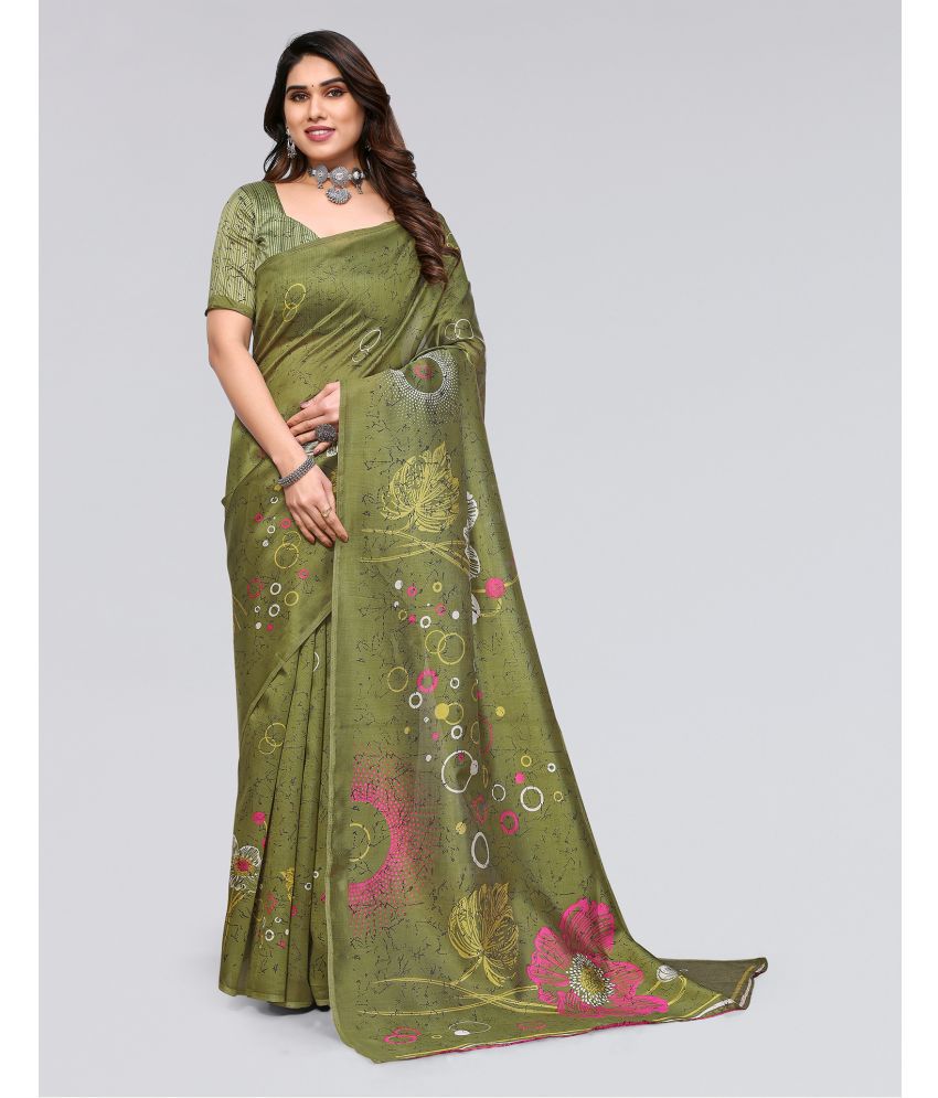     			Samah Silk Blend Printed Saree With Blouse Piece - Green ( Pack of 1 )