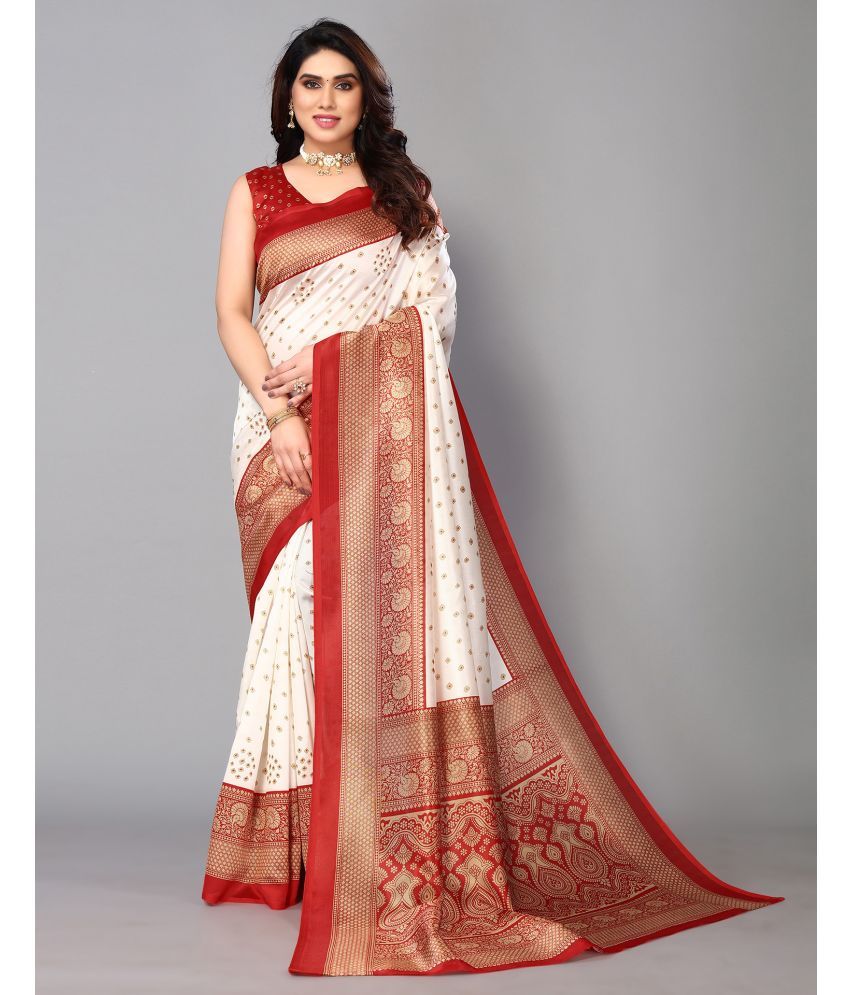     			Samah Silk Blend Printed Saree With Blouse Piece - White ( Pack of 1 )