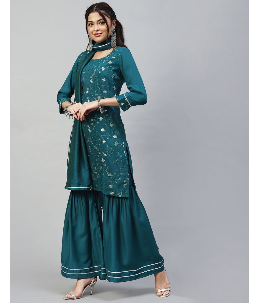     			Skylee Chiffon Embroidered Kurti With Palazzo Women's Stitched Salwar Suit - Teal ( Pack of 1 )