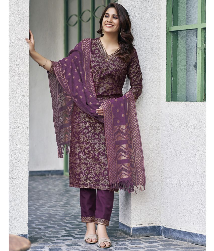     			Skylee Cotton Blend Embellished Kurti With Pants Women's Stitched Salwar Suit - Wine ( Pack of 1 )
