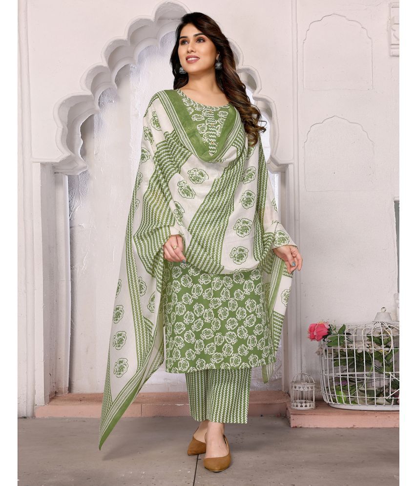     			Skylee Cotton Blend Printed Kurti With Pants Women's Stitched Salwar Suit - Green ( Pack of 1 )