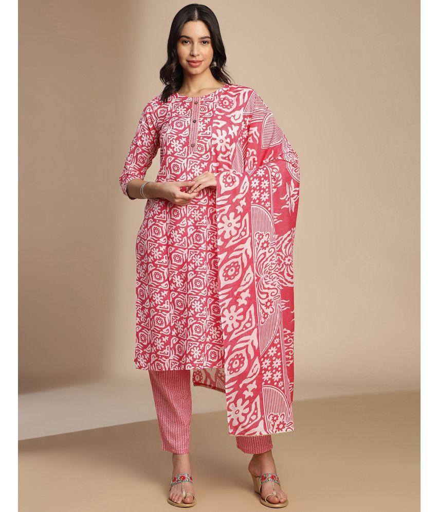     			Skylee Cotton Embellished Kurti With Pants Women's Stitched Salwar Suit - Pink ( Pack of 1 )