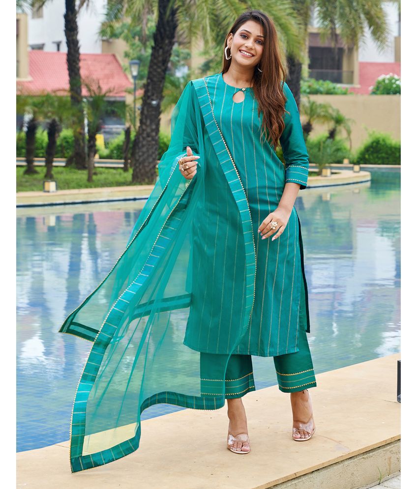     			Skylee Silk Blend Embellished Kurti With Pants Women's Stitched Salwar Suit - Green ( Pack of 1 )