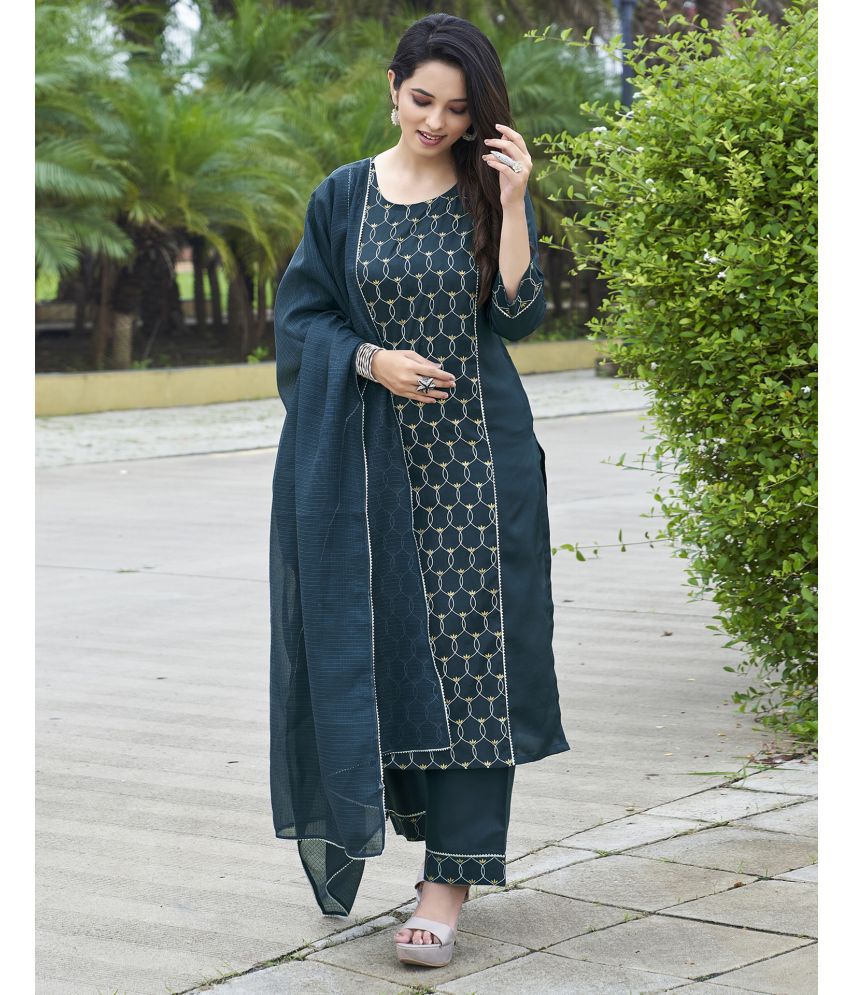     			Skylee Silk Embellished Kurti With Pants Women's Stitched Salwar Suit - Teal ( Pack of 1 )