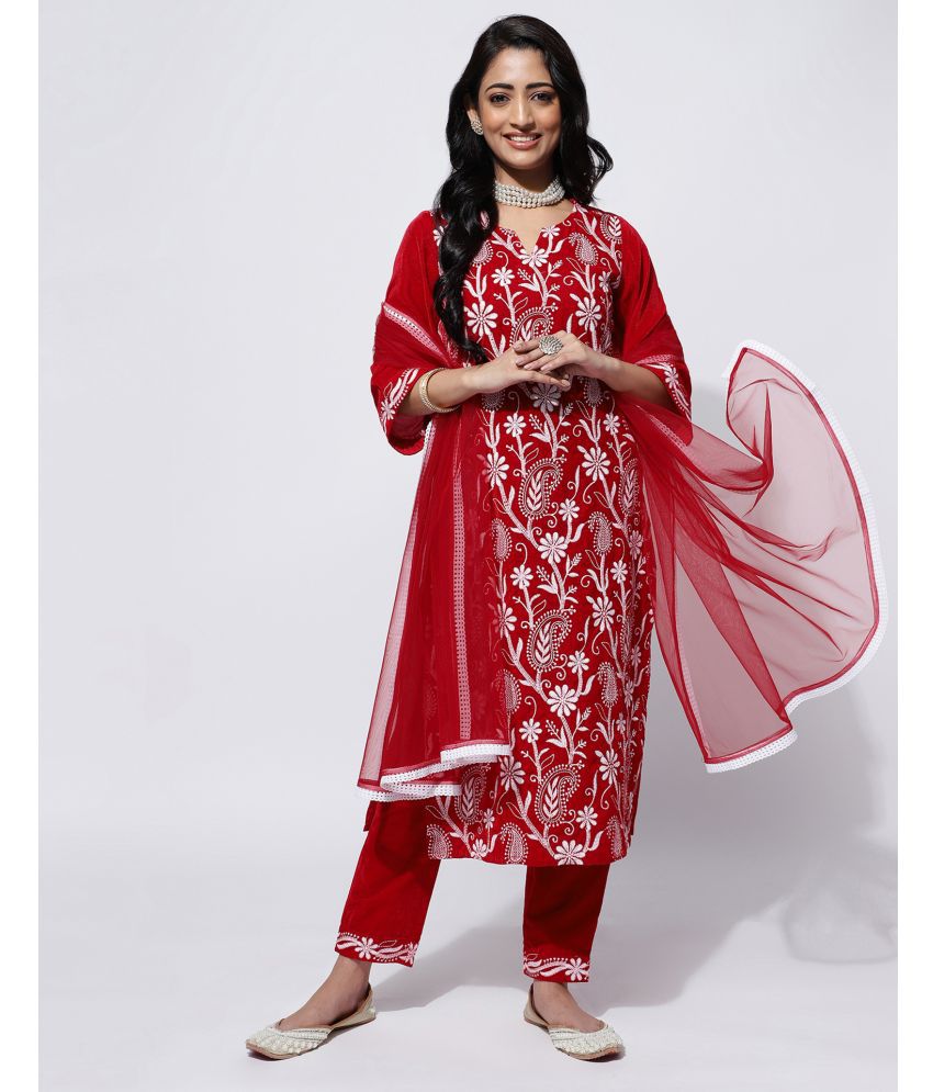     			Skylee Velvet Embroidered Kurti With Pants Women's Stitched Salwar Suit - Red ( Pack of 1 )