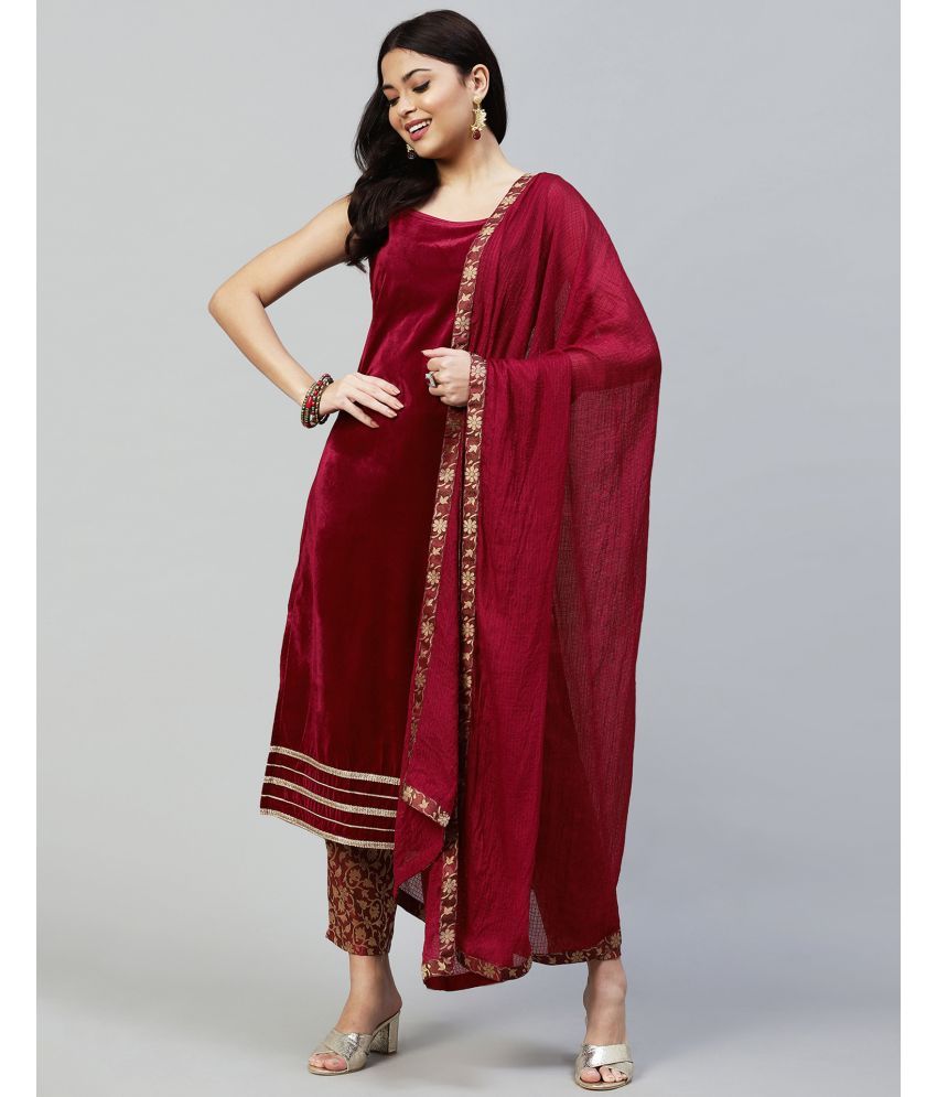     			Skylee Velvet Solid Kurti With Pants Women's Stitched Salwar Suit - Maroon ( Pack of 1 )