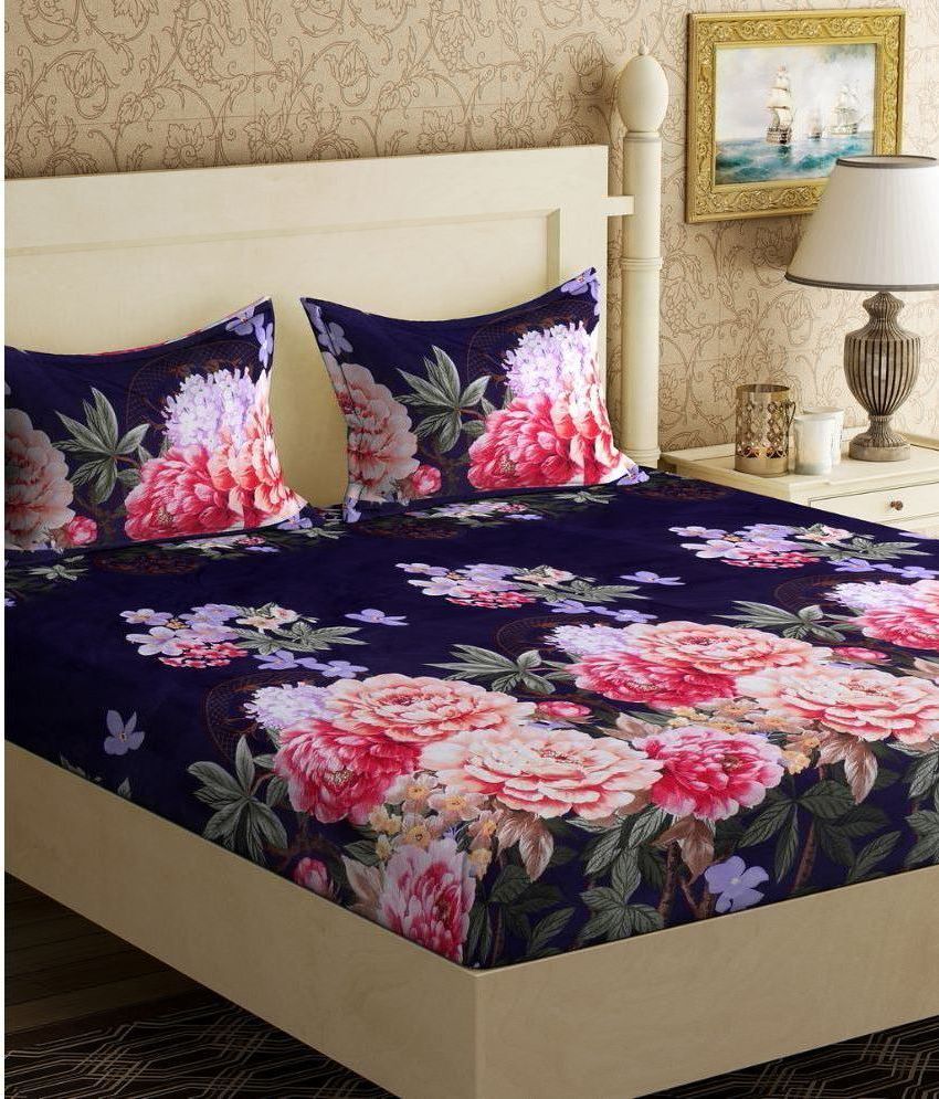     			LiveWell Microfiber Floral Printed 1 Double King Size Bedsheet with 2 Pillow Covers - Dark Blue
