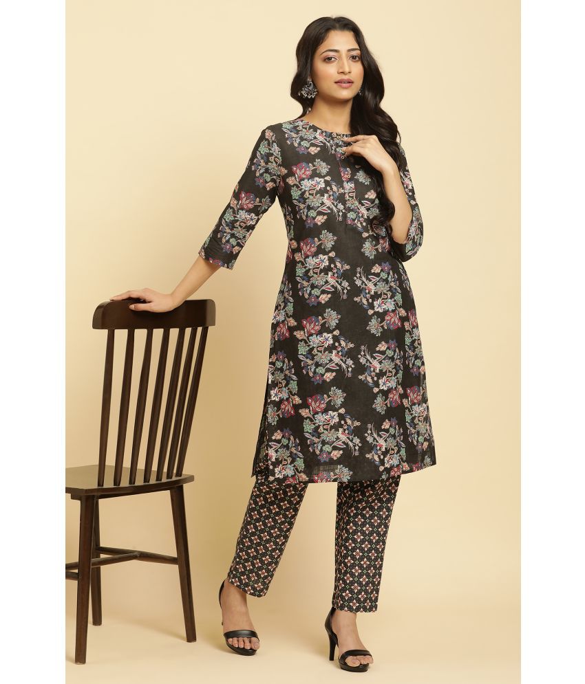     			W Cotton Printed Kurti With Pants Women's Stitched Salwar Suit - Black ( Pack of 1 )