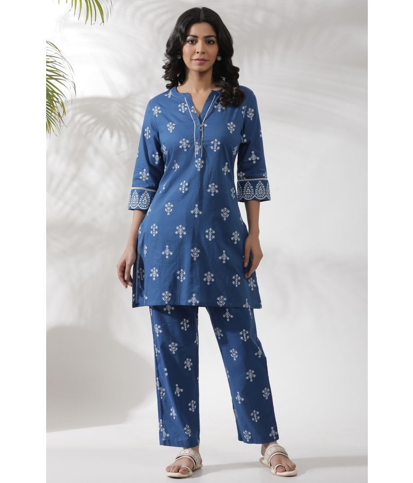     			W Cotton Printed Kurti With Pants Women's Stitched Salwar Suit - Blue ( Pack of 1 )