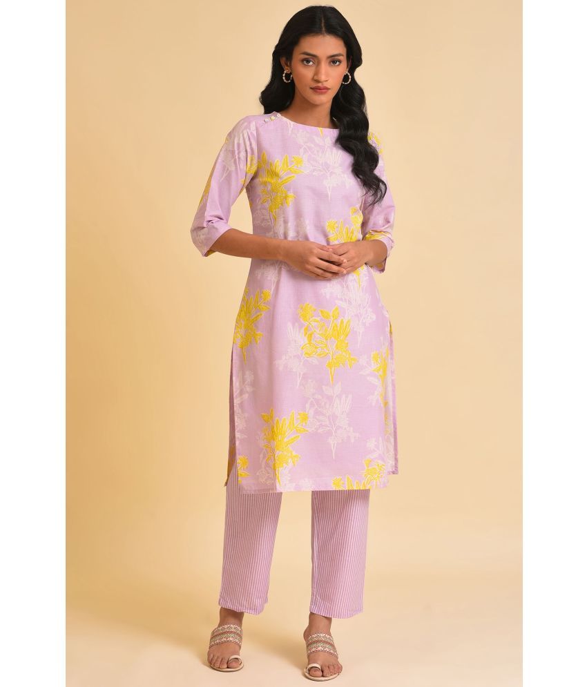     			W Cotton Printed Kurti With Pants Women's Stitched Salwar Suit - Purple ( Pack of 1 )