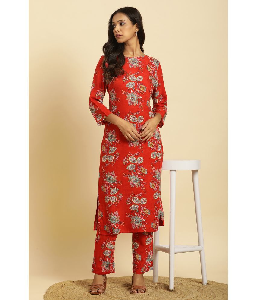    			W Viscose Printed Kurti With Pants Women's Stitched Salwar Suit - Red ( Pack of 1 )