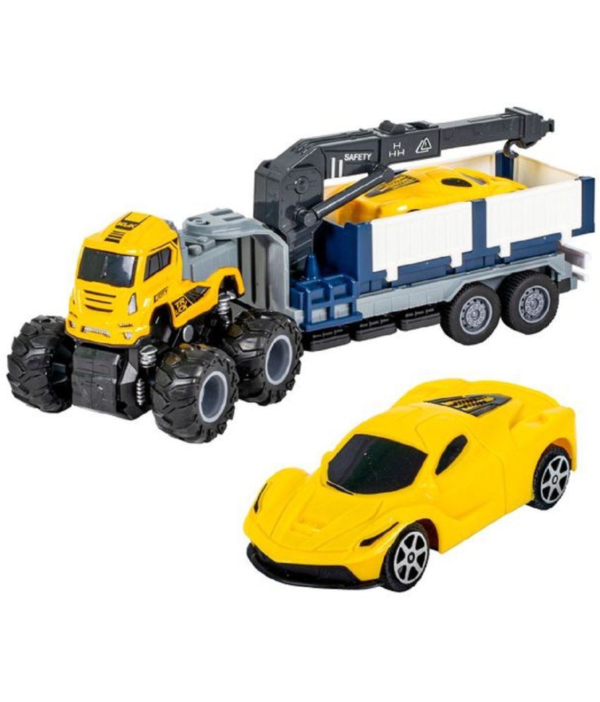     			WISHKEY 1:43 Die cast 4WD Push and Go Trailer Truck, Friction Powered Vehicle Truck for Kids, Pull Back Car Carrier Truck with Moveable Parts, Chassis Trailer Truck, Multicolor, 3+ Years (Pack of 1)