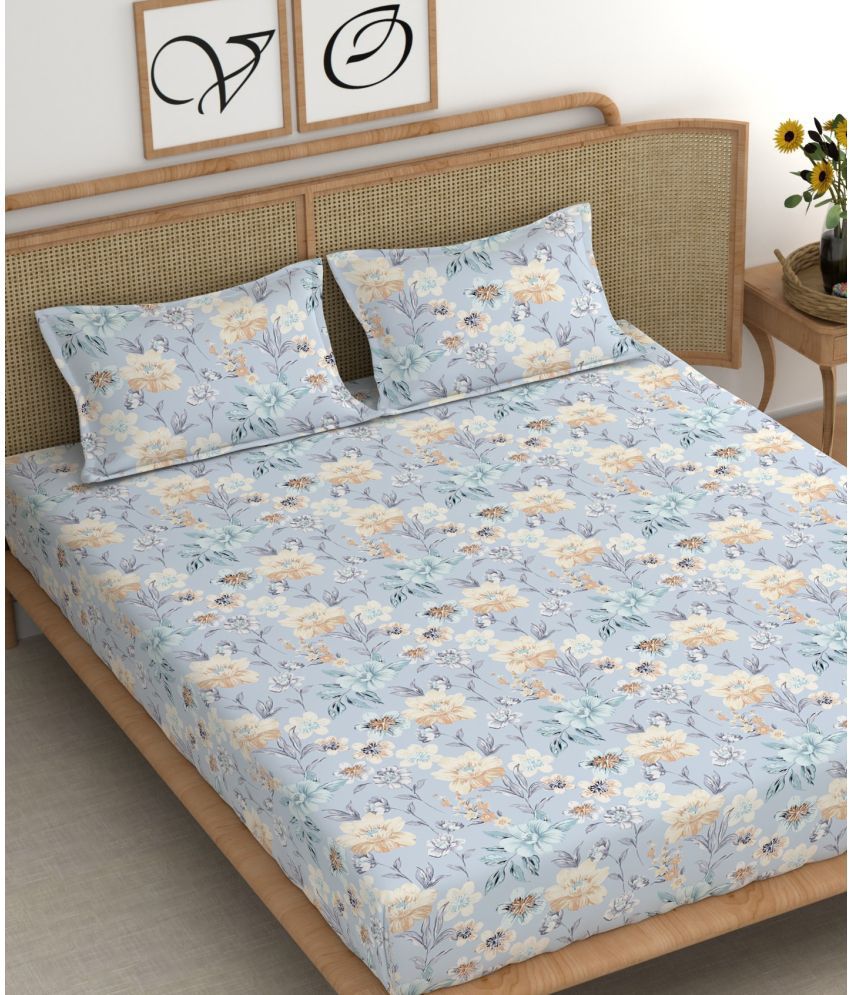     			chhavi india Cotton Floral 1 Double King Size Bedsheet with 2 Pillow Covers - Blue