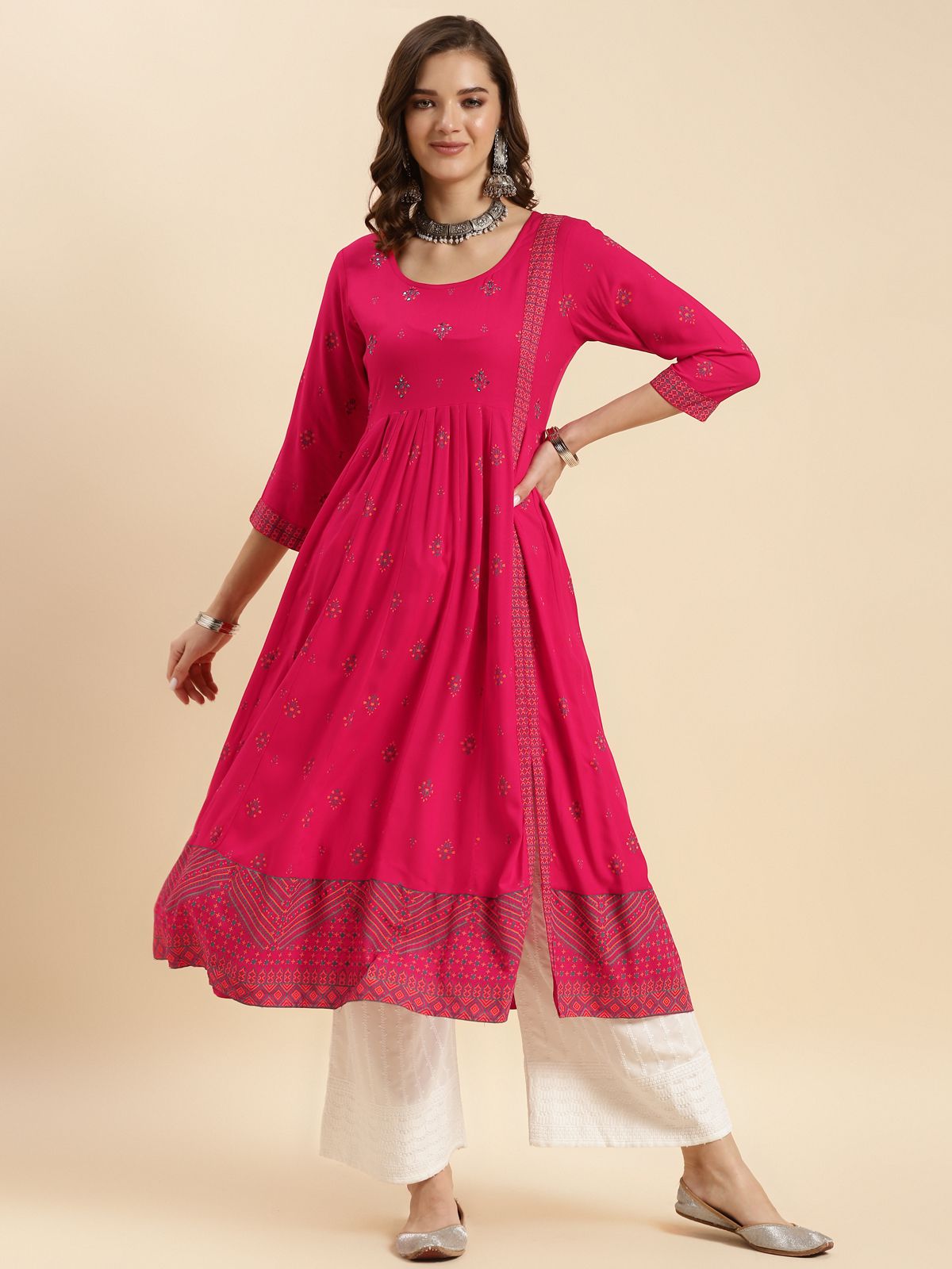    			Rangita Women Pink Rayon Printed Calf Length Front Slit Kurti