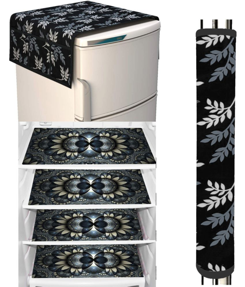     			Crosmo Polyester Floral Printed Fridge Mat & Cover ( 64 18 ) Pack of 6 - Black