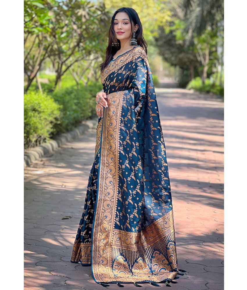     			ELITE WEAVES Satin Woven Saree With Blouse Piece - Blue ( Pack of 1 )
