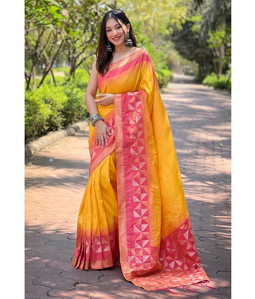     			ELITE WEAVES Silk Woven Saree With Blouse Piece - Yellow ( Pack of 1 )