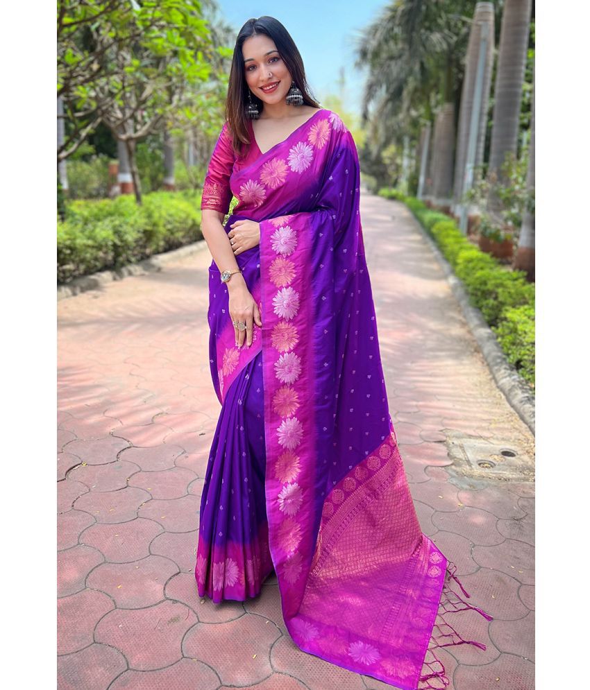     			ELITE WEAVES Silk Woven Saree With Blouse Piece - Purple ( Pack of 1 )