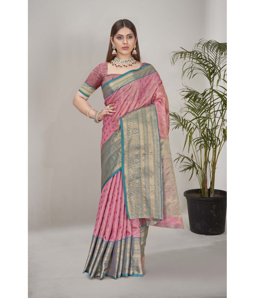    			ELITE WEAVES Tissue Woven Saree With Blouse Piece - Pink ( Pack of 1 )