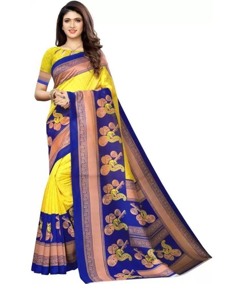     			Grubstaker Art Silk Printed Saree With Blouse Piece - Yellow ( Pack of 1 )