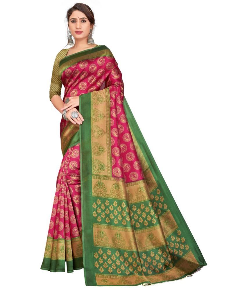     			Grubstaker Art Silk Printed Saree With Blouse Piece - Pink ( Pack of 1 )