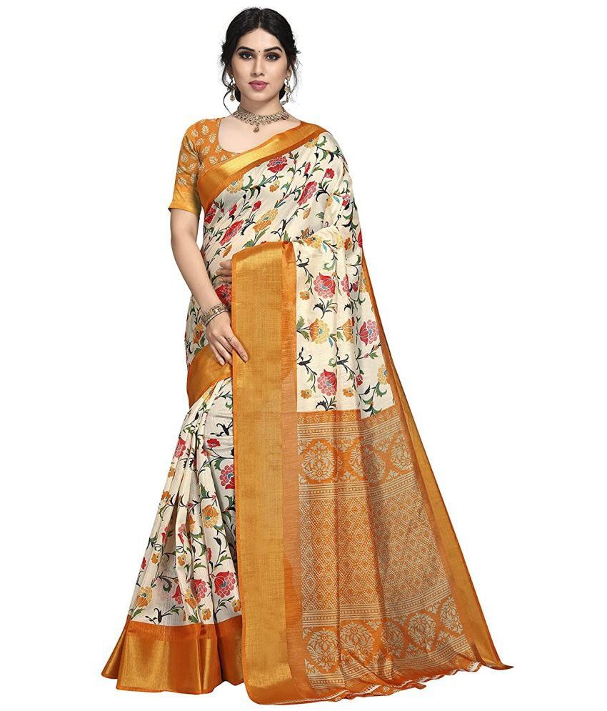     			Grubstaker Cotton Printed Saree With Blouse Piece - Yellow ( Pack of 1 )