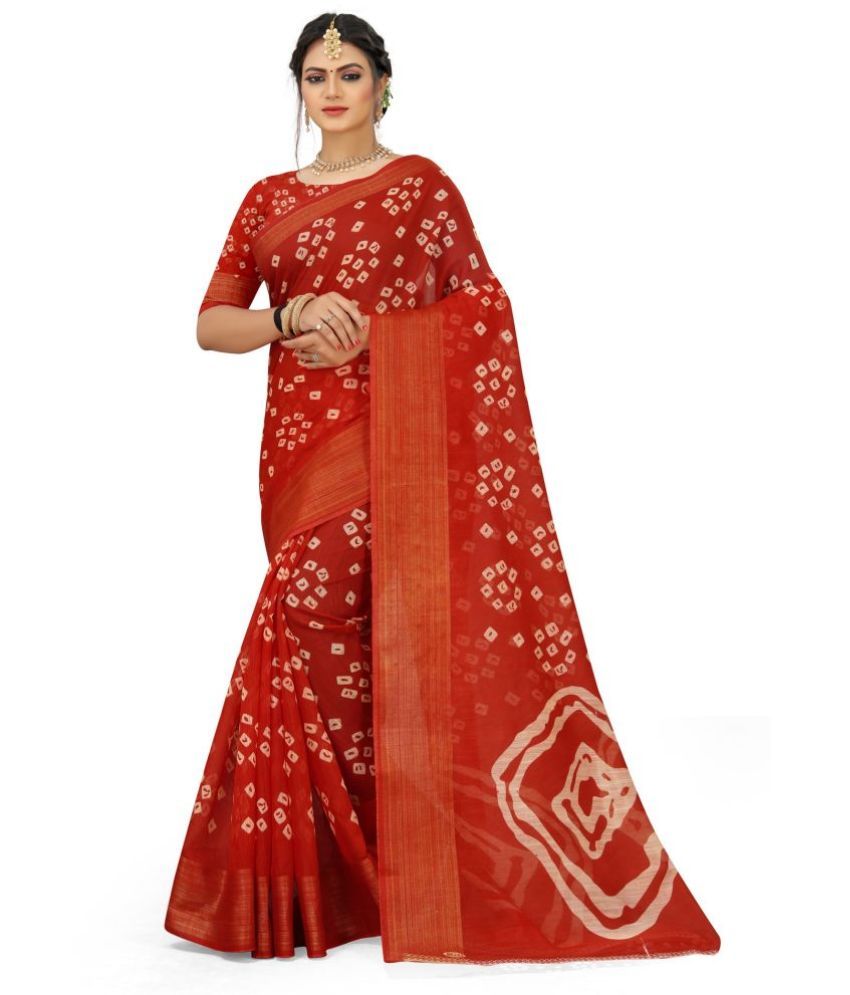     			Grustaker Cotton Printed Saree With Blouse Piece - Red ( Pack of 1 )