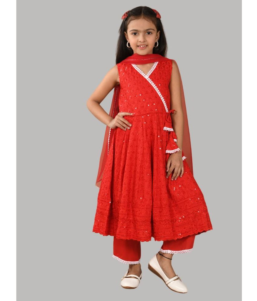     			HLGARMENTS Red Rayon Girls Anarkali Suit Set ( Pack of 1 )