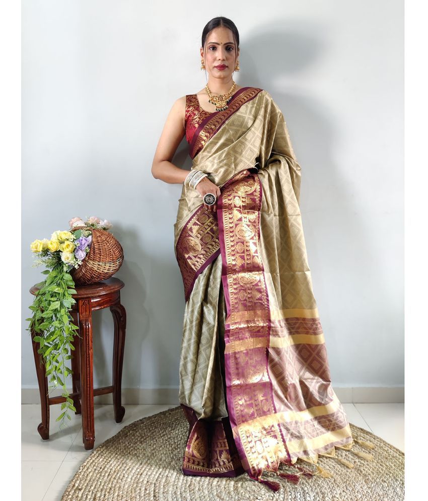     			JULEE Banarasi Silk Embellished Saree With Blouse Piece - Brown ( Pack of 1 )