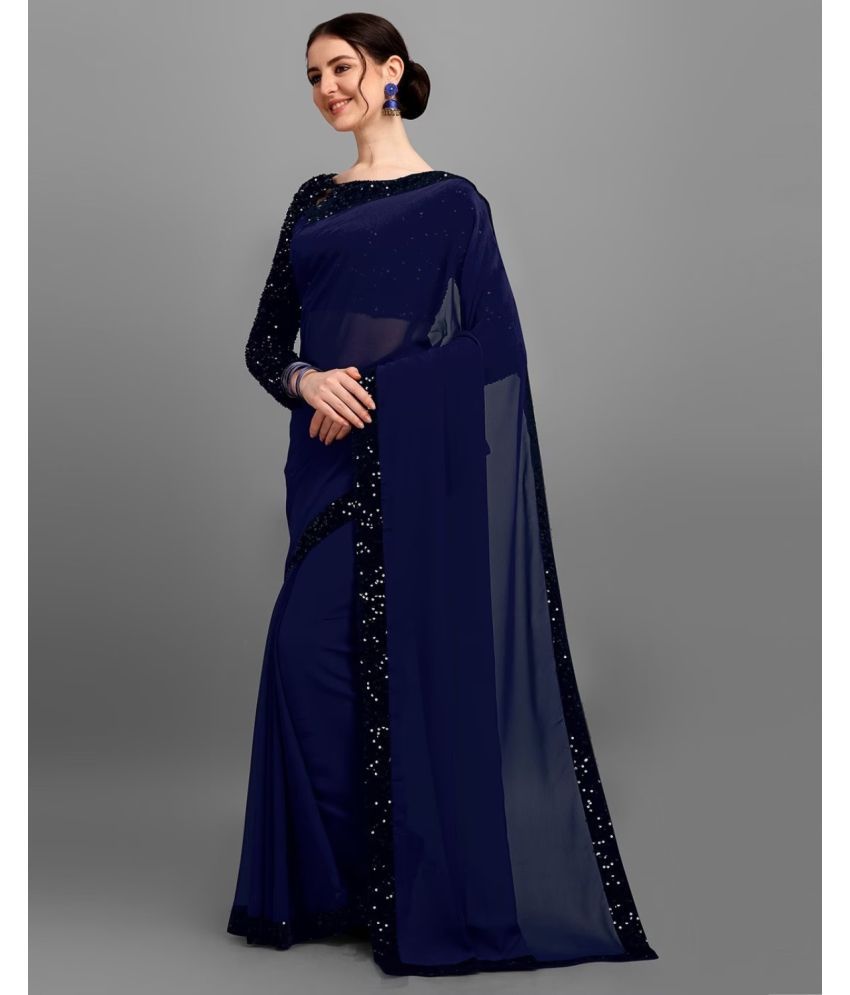     			JULEE Banarasi Silk Embellished Saree With Blouse Piece - Navy Blue ( Pack of 1 )