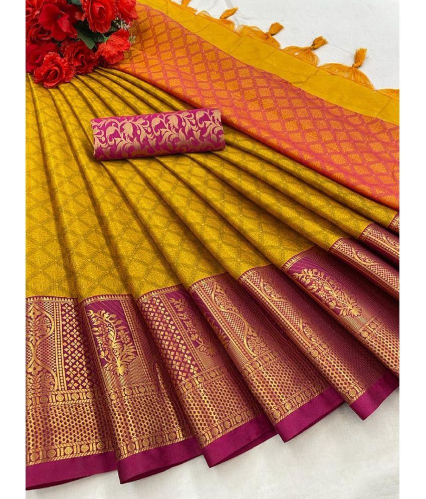     			JULEE Cotton Silk Embellished Saree With Blouse Piece - Yellow ( Pack of 1 )