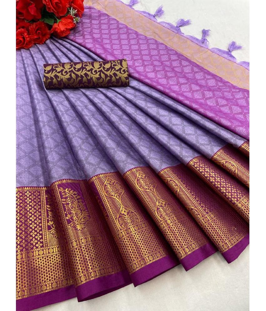     			JULEE Cotton Silk Embellished Saree With Blouse Piece - Purple ( Pack of 1 )