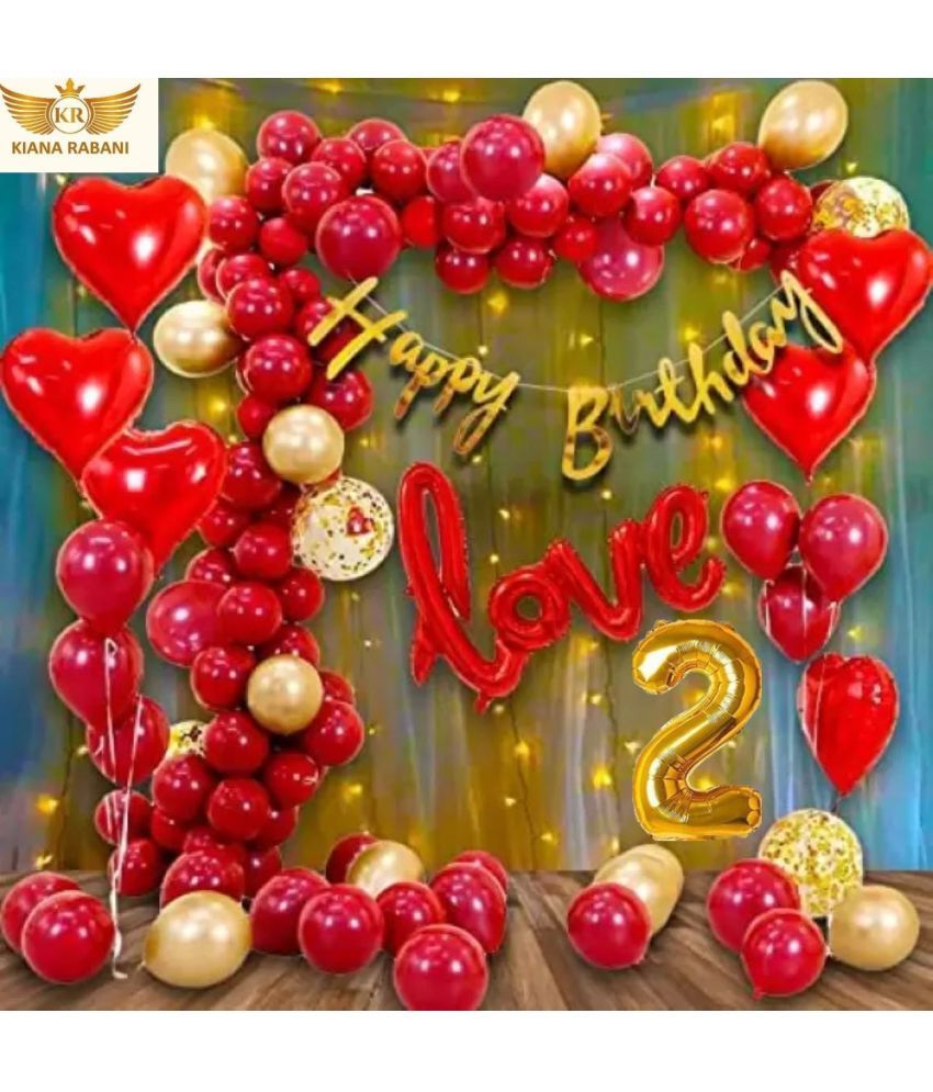     			KR 2ND HAPPY BIRTHDAY DECORATION WITH BUNNTING BANNER1, 1LOVE 4 RED HEART 25 RED 25 GOLD BALLOON 1 NET CURTAIN 1 LIGHT 1ARCH 1 GLUE 3 CONFETTI BALLOON 2 NO. GOLD FOIL BALLOON