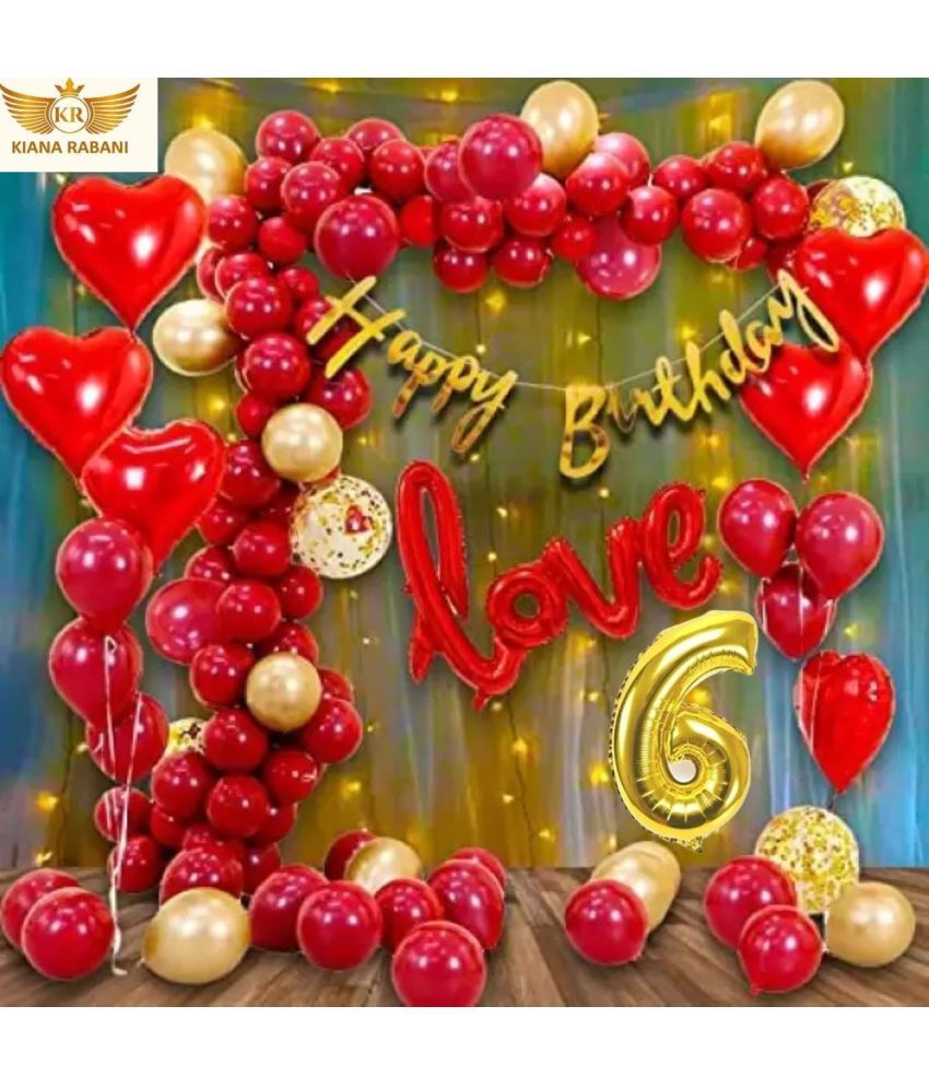     			KR 6TH HAPPY BIRTHDAY DECORATION WITH BUNNTING BANNER1, 1LOVE 4 RED HEART 25 RED 25 GOLD BALLOON 1 NET CURTAIN 1 LIGHT 1ARCH 1 GLUE 3 CONFETTI BALLOON 6 NO. GOLD FOIL BALLOON