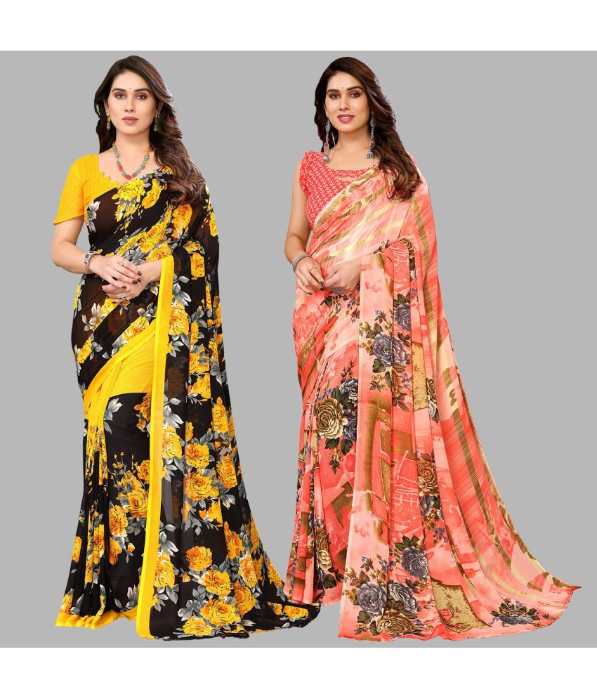     			Kashvi Sarees Georgette Printed Saree With Blouse Piece - Multicolor ( Pack of 2 )