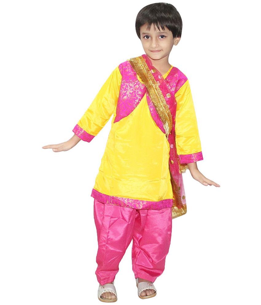     			Punjabi Suit Salwar with Dupatta For Girls,Dance Costume-Yellow & Pink 3-4 Yrs