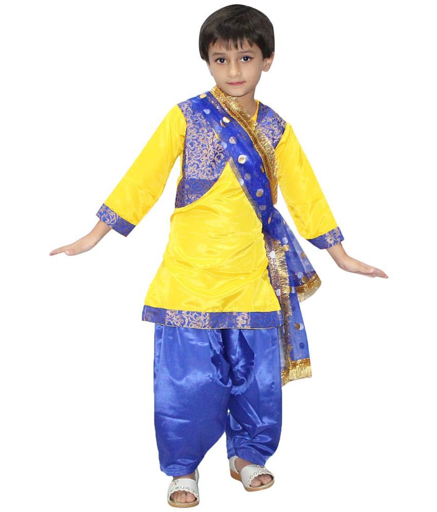     			Punjabi Suit Salwar with Dupatta For Girls, Dance Costume-Yellow & Blue 7-8 Yrs