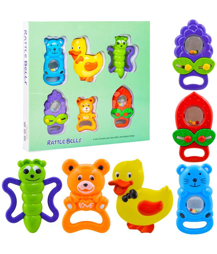     			WISHKEY Plastic Rattle Toys for Infants, BPA Free Non-Toxic Shake & Grab Toys for Toddlers, Teether Colorful Toys, Early Age Toys, Ideal Gift for New Born Babies, Multicolor (Pack of 6)