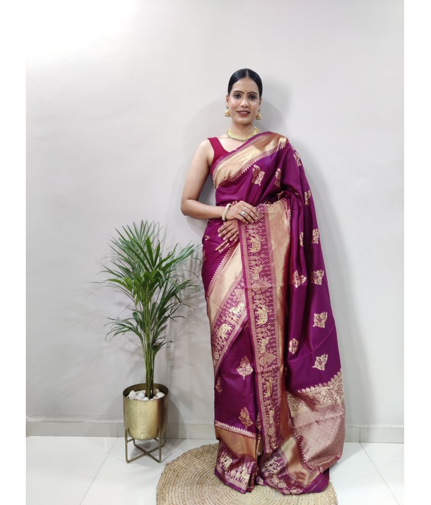     			A TO Z CART Jacquard Embellished Saree With Blouse Piece - Wine ( Pack of 1 )