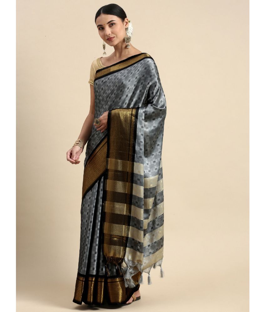     			A TO Z CART Jacquard Embellished Saree With Blouse Piece - Grey ( Pack of 1 )